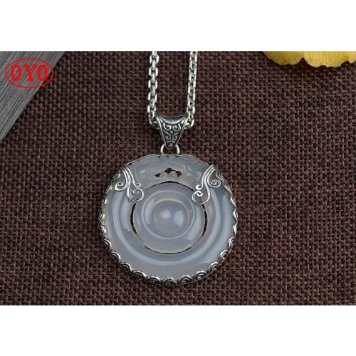 100%S925 Silver Vintage Thai Silver Craft Pendant Silver Inlaid Chalcedony Round Dragon Brand Silver Necklace