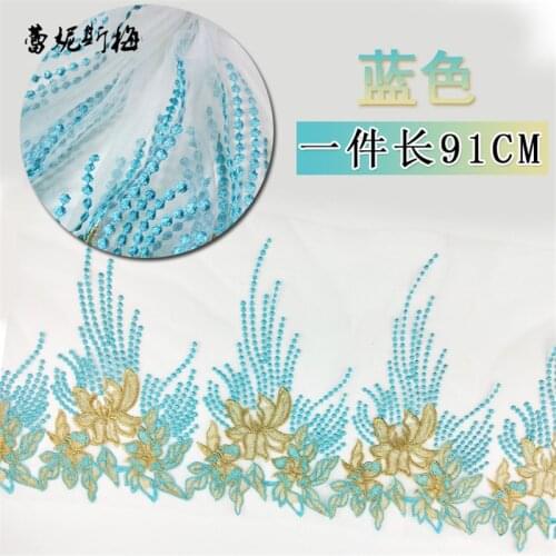 1Yd European Tulle Embroidery Lace Gold Decoration Blue and Red Lace Trim Mesh for Scarves Wedding DIY 28cm LC0179