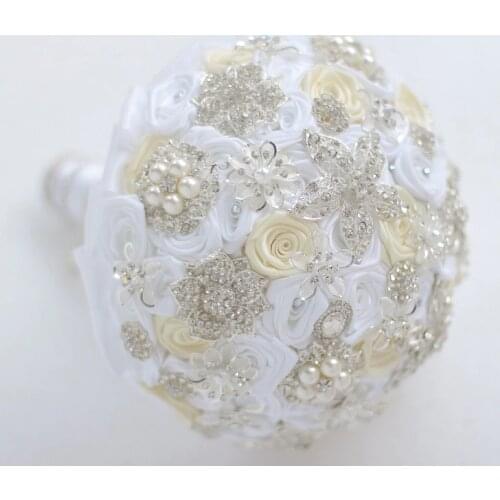 7-inch custom bridal bouquet,White & ivory wedding bouquet, winter snowflake theme rhinestone brooch bouquet