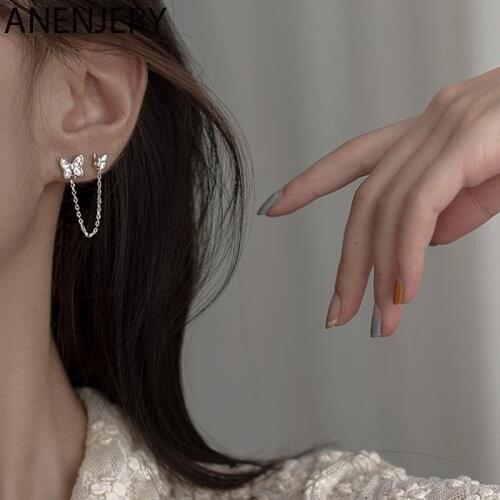 ANENJERY 1 Piece 925 Sterling Silver Double Pierced Butterfly Chain Earrings For Women Girl Simple Temperament Ear Studs Jewelry