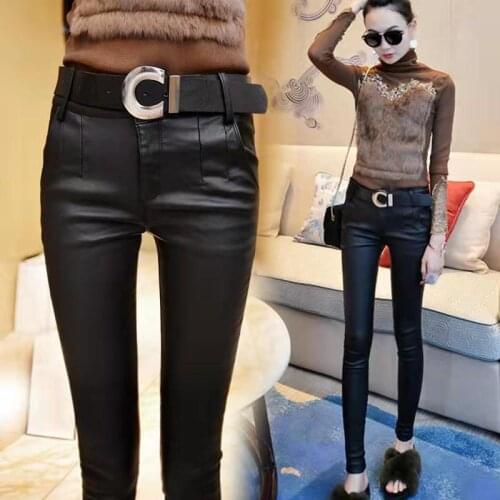 Matt leather pants plus velvet thick winter 2020 new style high-waist slim thin pencil pants warm Winter leggings for women