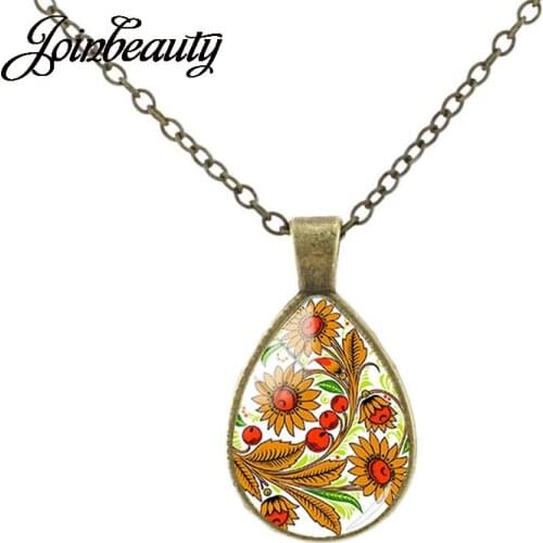 JOINBEAUTY Charm Folk Art Pattern Teardrop Pendant Necklace Glass Cabochon Photo Pendant Chokers Women Statement Necklace FL62