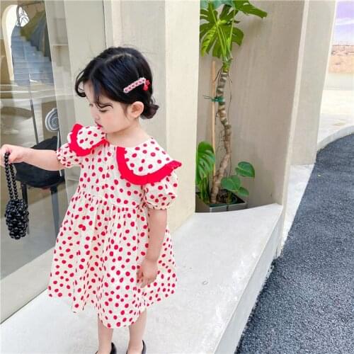 Korean Kids Dresses for Girls 2021 Summer New Baby Girl Polka Dot Dress Toddler Peter Pan Collar Short-sleeved Princess Dress
