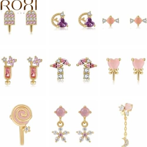 ROXI Copper Summer Ice Cream Pink Crystals Stud Earrings for Women Girls Jewelry Earring Lovely Candy Moon Hearts Coconut Tree