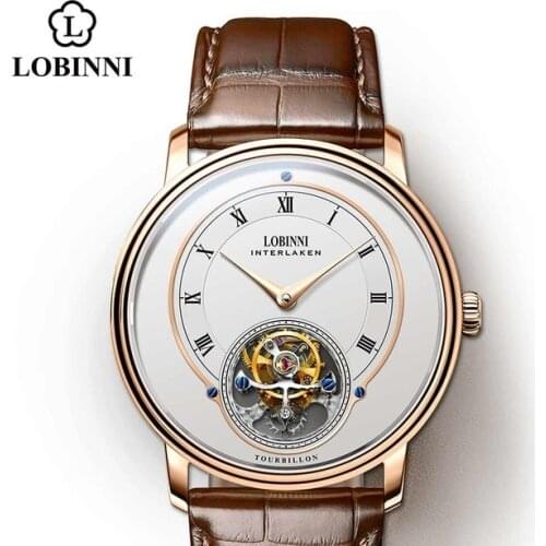 LOBINNI Men Tourbillon Watch Men Watch Top Luxury Brand Automatic Mechanical Wristwatch Sapphire Skeleton Dial Leather Strap