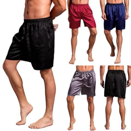 Men’s Silk Satin Sleep Buttoms Male Elastic Waist Solid Short Pants L-XXL