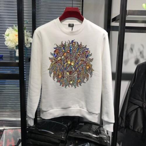 2021 Top Warm Thickening New Winter Diamond Brand Hoodie Lion Mens Oversized Pullover Rhinestone Sweatshirt