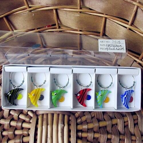 6pcs Custom hand made murano glass tropical fish Marine animal figurine rings pendant wedding party wine glass charms marker set