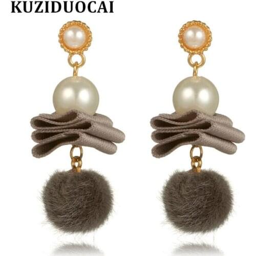 Kuziduocai New ! Fashion Fine Jewelry 6 Colors Pearl Plush Ball Flannel Laminated Tassel Stud Earrings For Women Girl Gift E-981