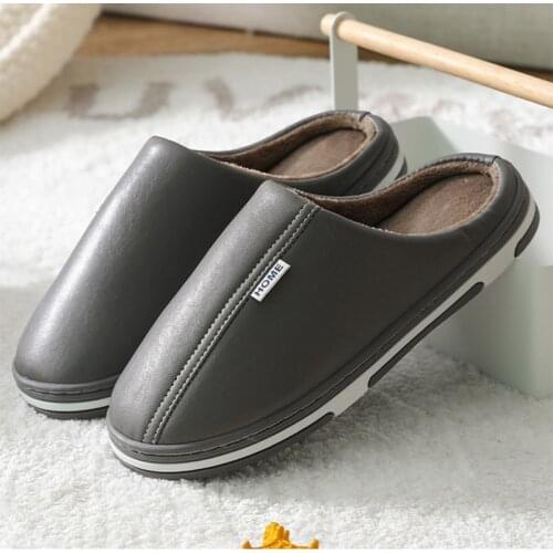 New PU Leather Slippers Male Couple Wooden Floor Home Autumn And Winter Non-slip And Waterproof Month Cotton Slippers Female