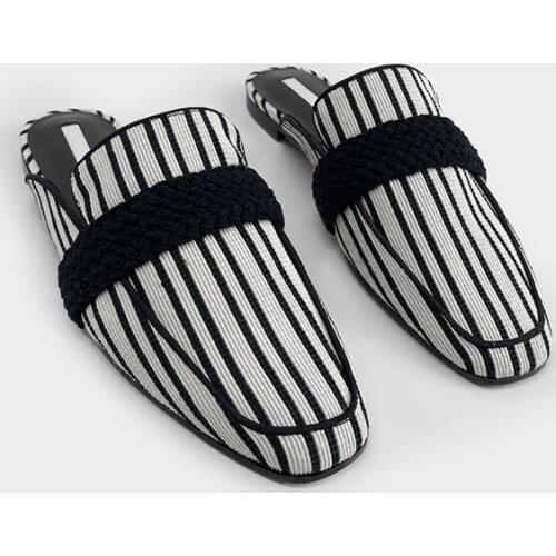 Shoes Women Female Mule Low Shallow Square Toe Slippers Flat Gingham Slides Soft Mules Cover Striped Concise Rubber PU Basic Bo