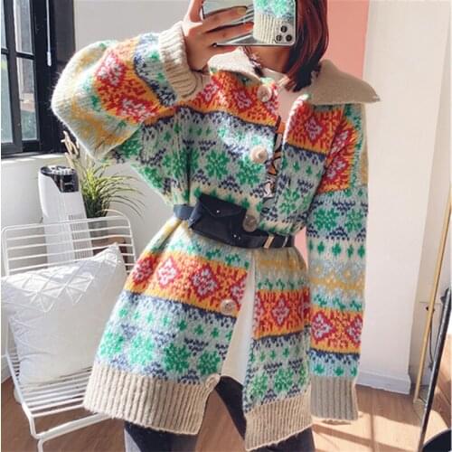 Autumn Winter Thick Cashmere Sweater Women Button Up Cardigan Coat Vintage Ethnic Turn-Down Collar Long Knit Cardigan Plus Size