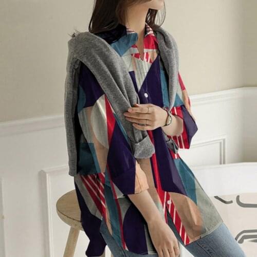 Oversize Long Sleeve Shirt Woman 2021 Long Sleeve Button Checkered Shirt Slit Casual Womens Shirt Striped Printed Top Blouses