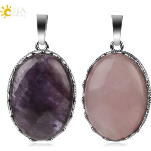 CSJA Natural Gem Stone Crown Pendant for DIY Necklace Oval Cabochon Healing Purple Crystal Pink Quartz Charm Female Jewelry G211