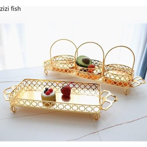 Rectangular Golden Flower Basket Fruit Tray Wrought Iron Wedding Dessert Table Cup Cake Tray Coffee Table Countertop Decoration