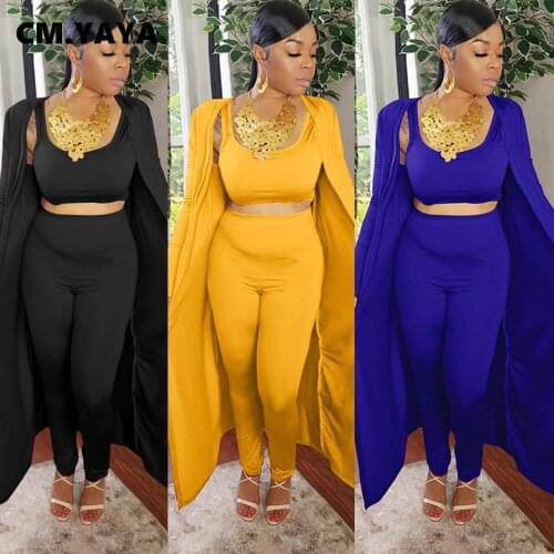 CM.YAYA Three 3 Piece Set for Women Fall Winter Fitness Outfits Open Stitch Cloack +Tank + Pants Set Street Active Tracksuit