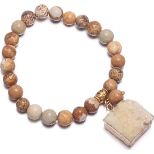 Light Yellow Gold Color Irregular Shape Square Crystal Connect Picture Stone Beads Stretchy Bracelet for Gift Jewelry
