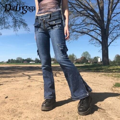 Darlingaga Vintage Fashion Solid Skinny Low Rise Jeans Women Pants Pockets Casual 2000s Aesthetic Flare Jeans Denim Trousers
