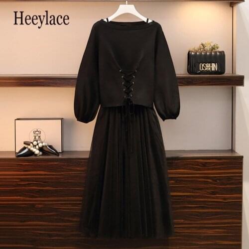 Plus size women black mesh dress and long sleeve knitting bandage sweater set korean black vintage two piece set for women suits