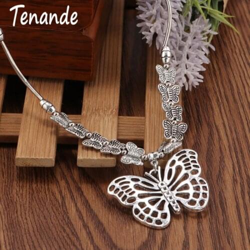 Tenande Boho Tibet Silver Color Big Statement Butterfly Double Layer Small Butterflies Flying Chain Pendant Necklaces for Women
