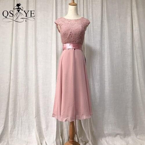 Pink Short Prom Dresses Lace Chiffon Evening Gown Cap Sleeves Satin Sash/Belt A Line Mother Dress V Back Blush Girl Formal Gown
