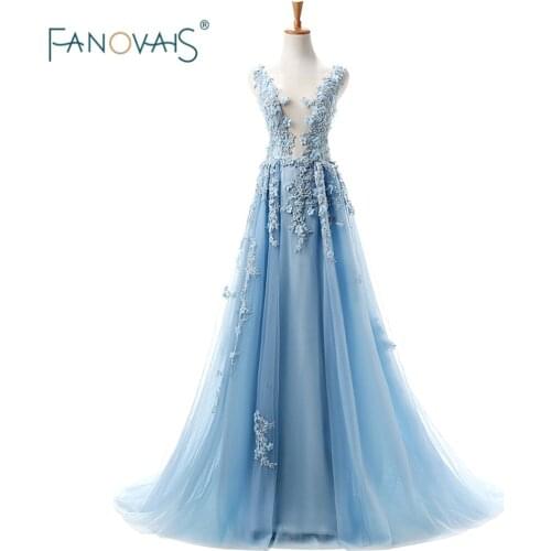 Vestido de festa longo Blue Lace Appliqued See Through Evening Dress Soft Tulle Real Image Sexy Long Evening Gown ASAE50