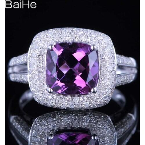 BAIHE Sterling Silver 925 2.3CT Flawless 100% Genuine Amethyst Wedding Women Vintage Elegant unique Amethyst Ring