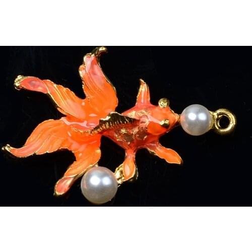 10pc 29*40mm Gold Color Pearl Enamel Gold fish Charm pendant For DIY Handmade Wedding Head pieces Jewelry Making Accessories