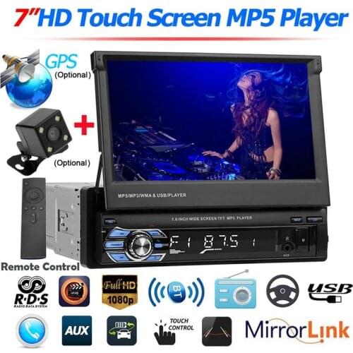 7 Inch 1 Din Car MP5 Player Car Radios Stereo Retractable Screen Reverse Cam Stereo RDS AM/FM Radio Bluetooth Mirror Link