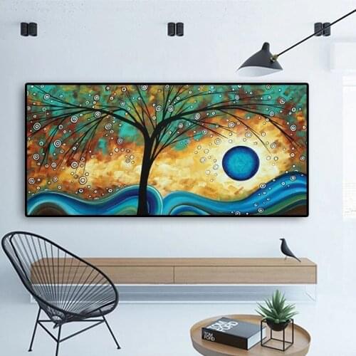 Abstract Tree Sunset Wave Painting on Canvas Art Cuadros Posters and Prints Wall Art Picture for Living Room Home Decoration