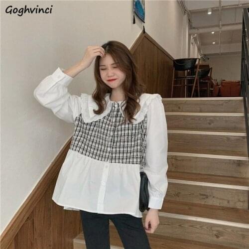 Blouses Women Patchwork Loose Streetwear Harajuku Vintage Ruffles Design All-match Sweet Cute Ladies Tops Fashion Korean Simple