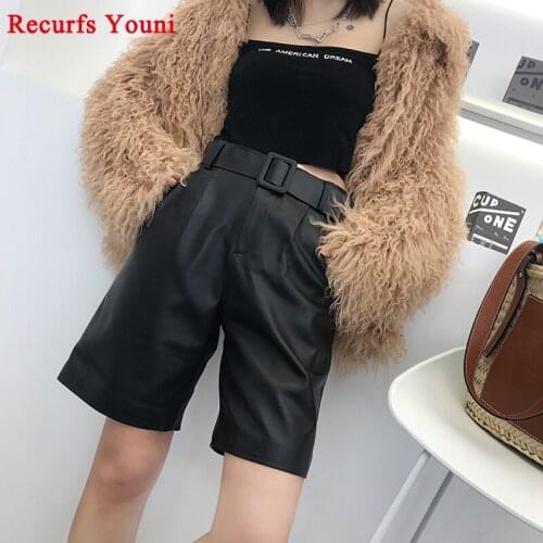 Women Genuine Leather Pants Europe/America Midi Long Thin Loose Suit Trousers Has Belt Above Knee Khaki Bermuda Short Mujer