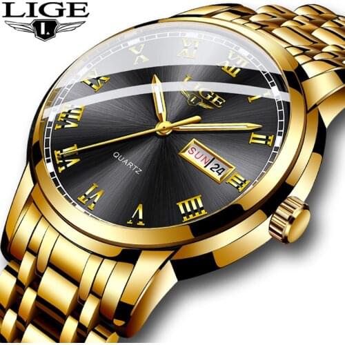 Relogio masculino LIGE Gold Men Watch Waterproof Stainless Steel with date week Quartz Watches Mens Luxury Business Dress Clock