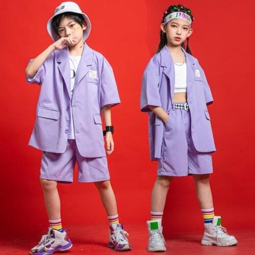 Kids Festival Hip Hop Clothing Purple Blazer Crop Tops T Shirt Streetwear Shorts For Girl Boy Dance Costume Clothes Set 3 pcs