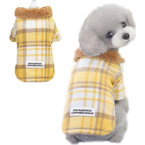 Plaid Dog Winter Clothes Long Sleeve Warm Cat Coat Fleece Lapel Woolen Cloth Pet Outfit Clothing Yellow/Blue Pets Apparel Poodle