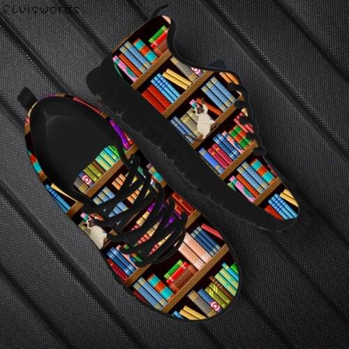 ELVISWORDS Sneakers Women Casual Flats Shoes Book Shelf with Cat Cute Prints Lace Up Air Mesh Ladies Walking Comfortable Zapatos