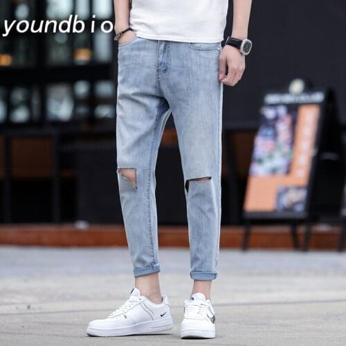 Mens Jeans Fashion Trend Stretch Jeans Simple Personality Ripped Jeans Hip-Hop Casual Pants Nine Points Broken Hole Jeans 3011