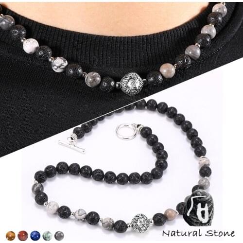 Men Natural Stone Tiger Eye Lapis Lazuli Stone Beads Necklace Lion Charm Choker Neck Chain Fashion Female Jewelry 45cm/50mm