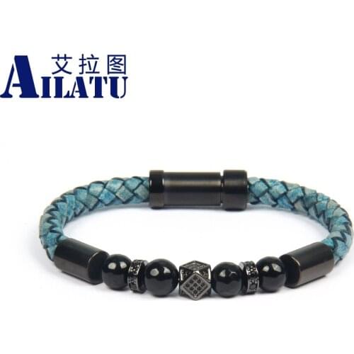 New Mens Luxury Irregular Geometric Faced CZ Rivet Bracelets Stainless Steel Clasp Cowhide Leather Bracelet Drop Shipping