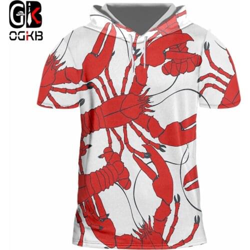 OGKB New Summer Tops Men/womens Funny Print Red Lobster 3D Hooded Tshirt Male Hiphop Fitness Short Sleeve Hoody Quick Dry 7XL