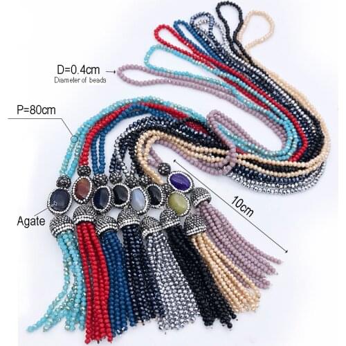 Crystal Paved Natural Agates Amethysts Tiger Stone Tassel Pendant Necklace Long Necklaces for Women Chain Sweater boho Jewelry
