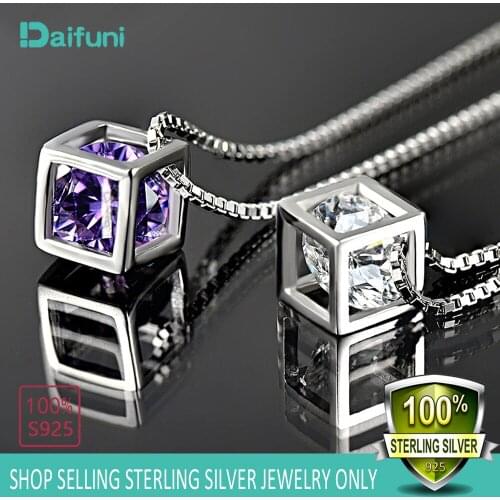 Daifuni Charms 925 Sterling Silver Necklace for Women Gemstones Amethyst Zircon Rubiks cube Pendant Fashion Clavicle Chain