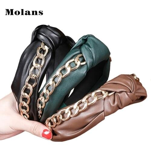 MOLANS Fashion Gold Chains PU Leather Hair Bands Hoop For Women Top Knotted Punk Headband Turban Hairband Girls Hair Accessories