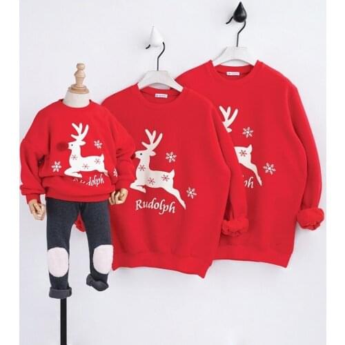 Christmas Matching Family Outfits Deer Print Red Sweatshirt Father Mother And Son Daughter Long Sleeve Shirt Boys Girls Clothing