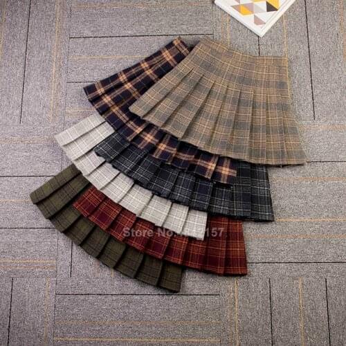 Student Girls School Uniform Skirt with Safety Pants Elastic Plaid Pleated Skirt Winter Wool High Waist Women JK Suit Buttoms