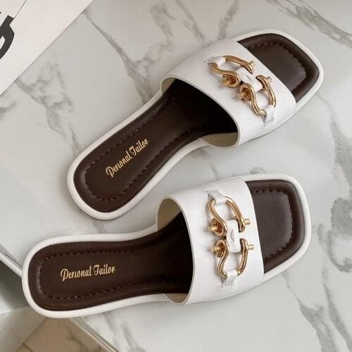 QZYERAI Slippers Women Slides Luxury Brand Flops Shoes 100% Genuine Leather Square Toe Summer Slide Designers Sandals Casual