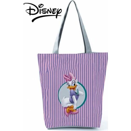 Disney Donald Duck Handbags High Capacity Cartoon Shoulder Bag Eco Reusable Purple Shopping Bag Spriped Women Travel Beach Bag
