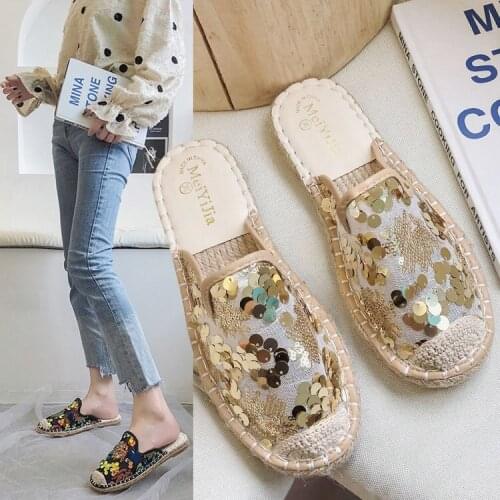 Net Red Slippers Womens Summer Style All-match Flat Womens Retro Baotou Half Slippers Fashion Sequined Muller Shoes823w