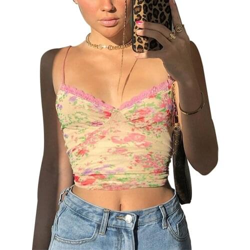 Summer V Neck Girl Top Sexy Women Slim Fit Vest Flower Print Sleeveless Lace Stitching