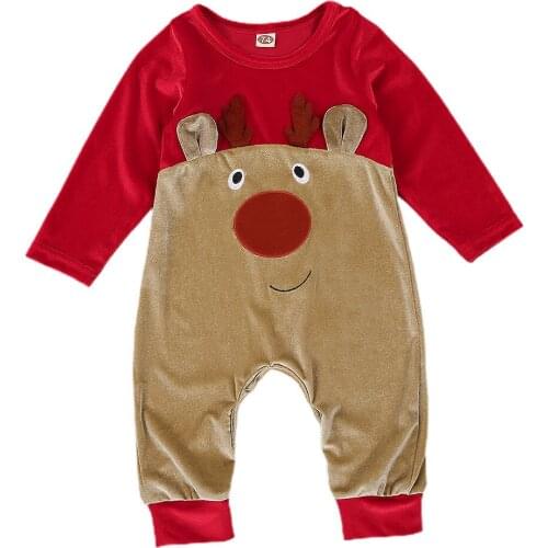Unisex Baby Girl Boy Long Sleeve Jumpsuit Cartoon Christmas Elk Patch Stitching One Piece Long Pants Infant Velvet Romper 3-18M